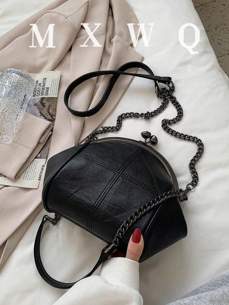 1 件复古黑色 PU 皮革手拿包，贝壳形不对称斜挎包，休闲百搭学生单肩包，适合上学/工作 - 黑色 - 查看 1