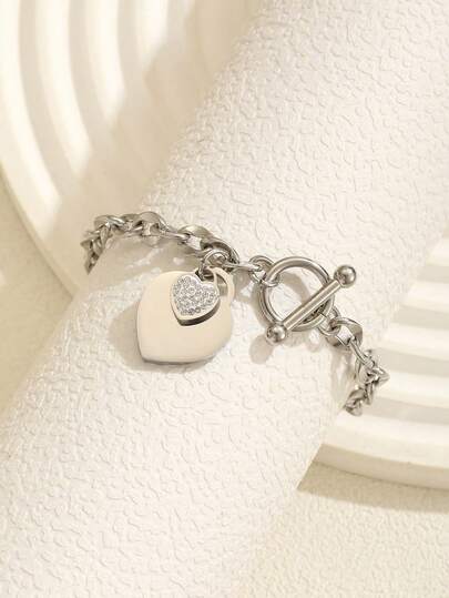 1pc Stainless Steel Silvery Heart Pendant Zirconia Inlaid Charm Bracelet Ot Chain Bracelet For Children And Students For Party Banquet Jewelry Gifts