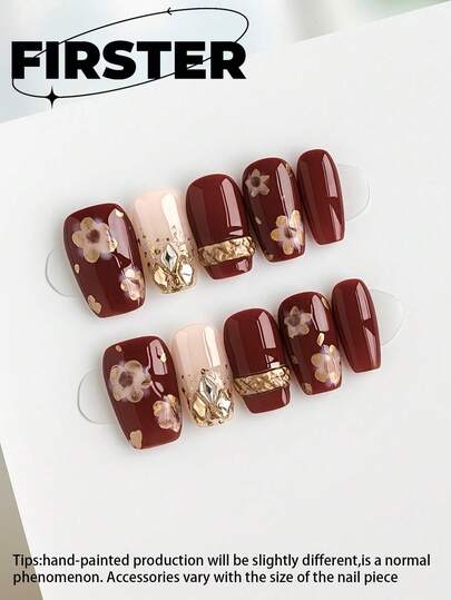 10pcs Medium Handmade Press-On Nail Stickers, Square Nail Stickers, Nail Art Supplies, Red Nail Stickers, Christmas Nail Stickers, Winter Press-On Nail Stickers, Glossy Nail Stickers, Gel Nail Kit, Gold Foil Nail Stickers, Rhinestone Nail Stickers, Nail Art Supplies, Handmade Press-On Nail Kit, Instantly Upgrade Your Nail Look