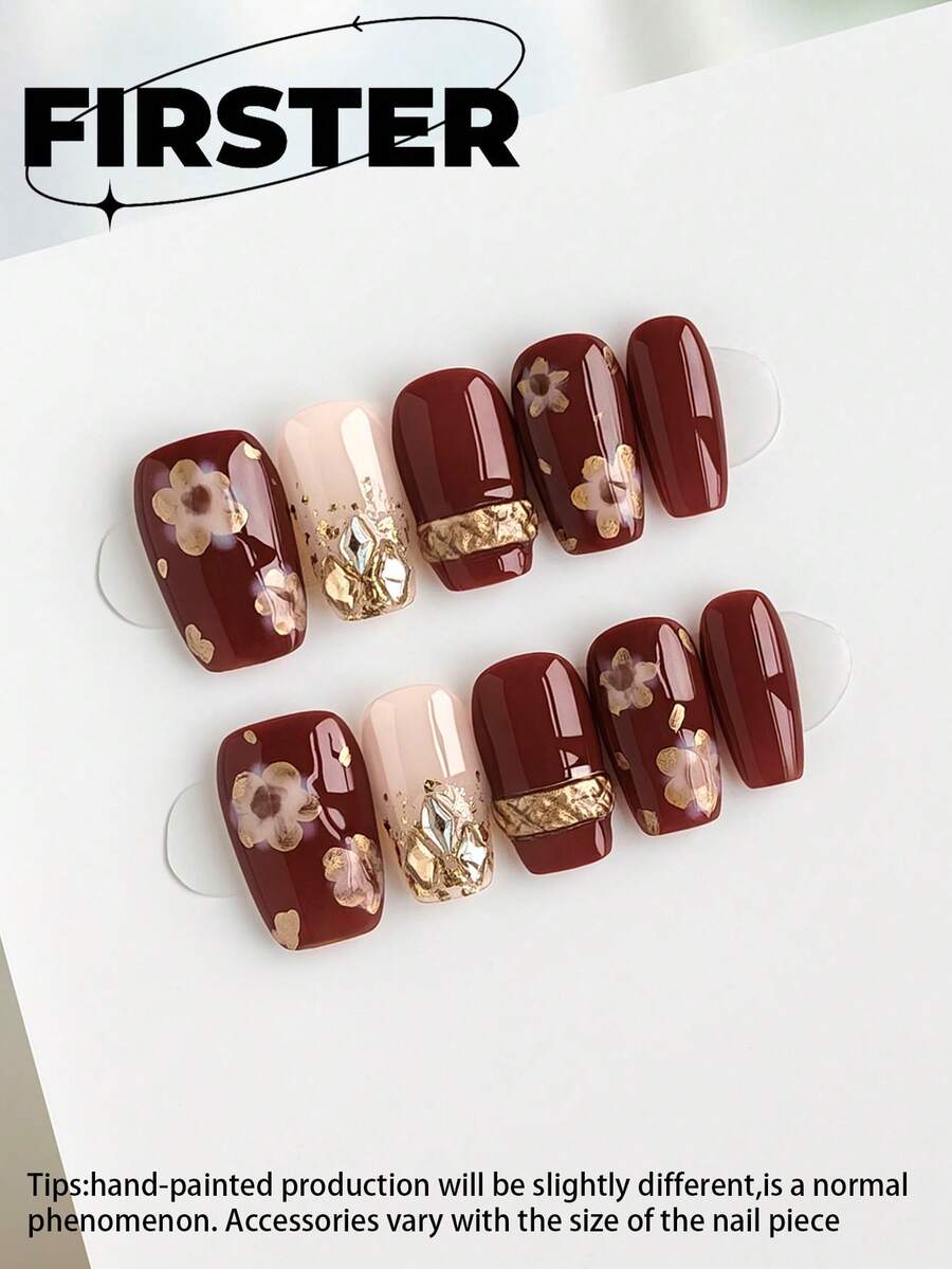 10片装中号手工按压式美甲贴纸，方形美甲贴纸，美甲用品，红色美甲贴纸，圣诞美甲贴纸，冬季按压式美甲贴纸，亮面美甲贴纸，凝胶美甲套装，金箔美甲贴纸，水钻美甲贴纸，美甲用品，手工按压式美甲套装，瞬间提升你的美甲造型 - 彩色 - 查看 1