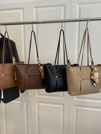 Fashionable And Simple Solid Color Letter Printed Shoulder Tote Bag With Scarf, Suitable For Shopping, Wallets, Shopping, Young Women, College Students, Newcomers, White-Collar Workers. They Are Very Suitable For Offices,