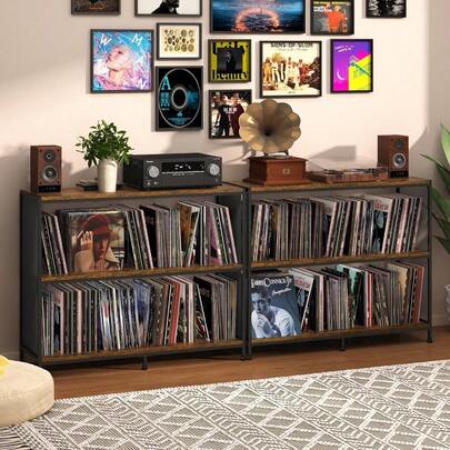 3-Tier Vinyl Record Storage: Vintage Player Table With Spacious Storage - Up To 450 Records, Turntable Stand With Adjustable Dividers, Extra Top Surface For Audio Equipment, Perfect For Living Room