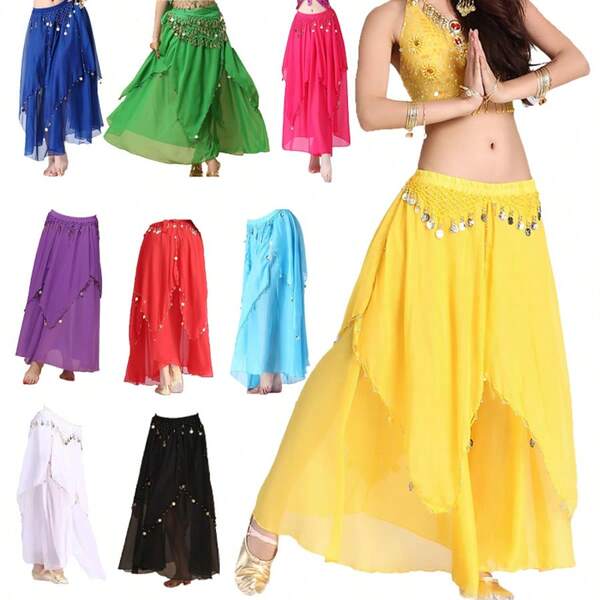 Saia de Dança do Ventre Feminina com Moedas, Saia Longa com Camadas para Apresentação, Prática, Festa, Fantasia de Festival