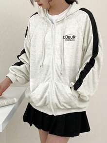 Chaqueta con capucha con cremallera y estampado de letras casual - Gris Claro - Ver 3