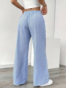 Women's White & Gray Vertical Striped Straight-Leg Pants - Lightweight Polyester Trousers With Drawstring Waist & Side Pockets, All-Season Casual To Dressy Wear, Smooth Texture Long Pants (No Belt) For Office, Semi-Formal & Everyday Outfits Women's Winter Clothing Of Women's Winter Clothing Women's Winter Fashion Women's Winter Promotion Of Women's Winter Clothing - 藍色 - 查看 2
