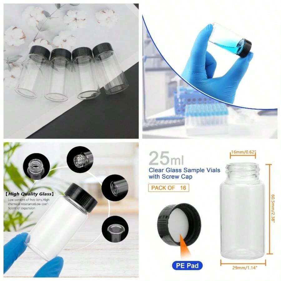 50 frascos de vidrio transparente con tapas de rosca negras, frascos porttiles de 5 ml con escala - 25 ml + 16 - Ver 1