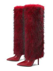 Women's Faux Fur Boot Furry Fluffy Stiletto High Heel Knee High Warmplush Shoes Luxury Fashion Design Sexy Winter Boots For Woman - Đỏ - Xem 1