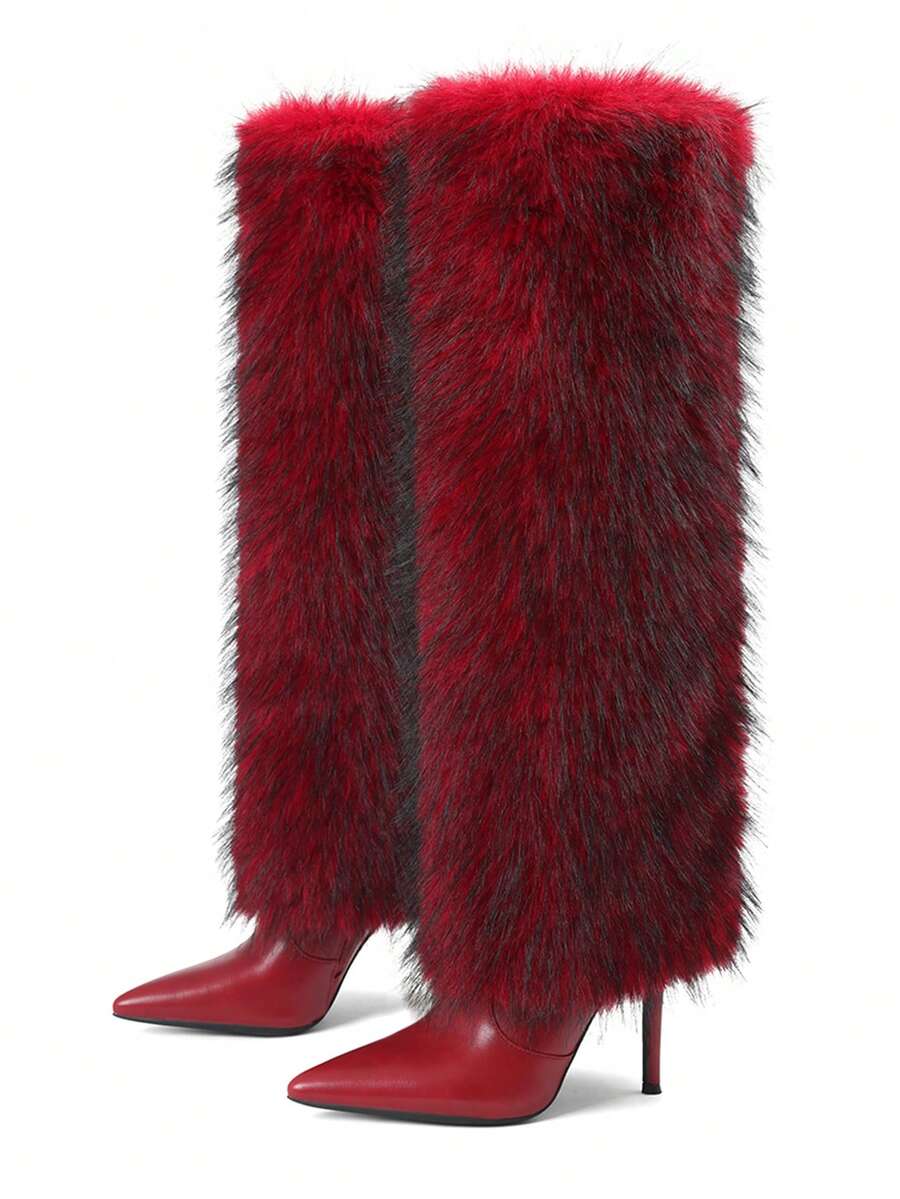 Women's Faux Fur Boot Furry Fluffy Stiletto High Heel Knee High Warmplush Shoes Luxury Fashion Design Sexy Winter Boots For Woman - Đỏ - Xem 1