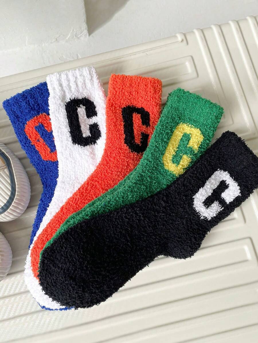 3 pares de calcetines de felpa coral para mujer, con diseños de letras y deportes, cálidos y cómodos, sin desprendimiento, aptos para dormir y usar en casa, otoño/invierno, calcetines acogedores - Multicolor - Ver 1