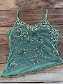 Women Y2k Fairy Sequin Butterfly Cami Tops Sleeveless Spaghetti Strap Mesh Sheer Crop Tank Tops See Through Camisole Summer Slim Fitted Shirt Vintage Aesthetic Clothes 2000S Streetwear - Màu xanh Bạc hà - Xem 1
