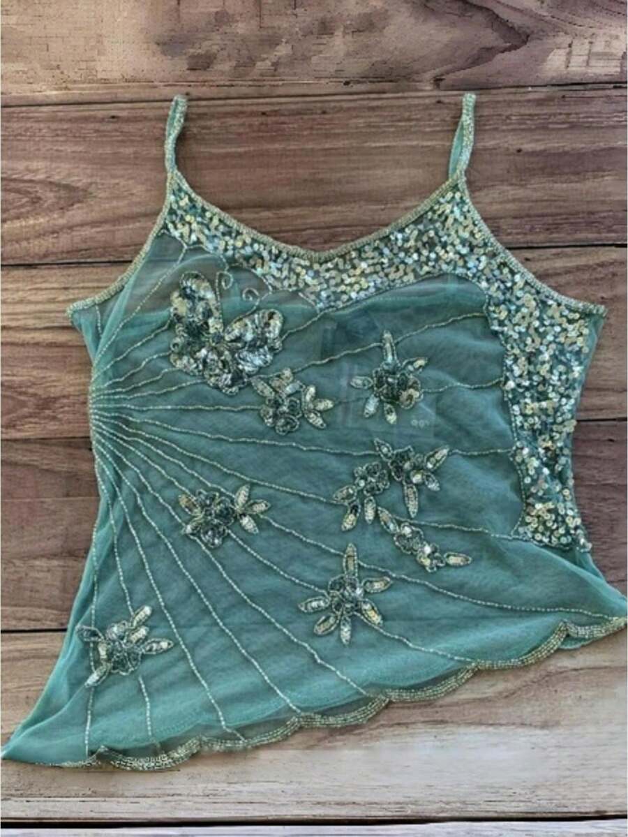 Women Y2k Fairy Sequin Butterfly Cami Tops Sleeveless Spaghetti Strap Mesh Sheer Crop Tank Tops See Through Camisole Summer Slim Fitted Shirt Vintage Aesthetic Clothes 2000S Streetwear - Màu xanh Bạc hà - Xem 1