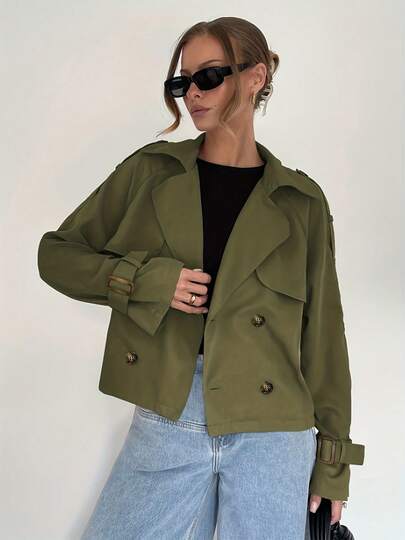 1pc Solid Color Woven Fabric Trench Coat With Front Buttons And Belt, Casual Wear