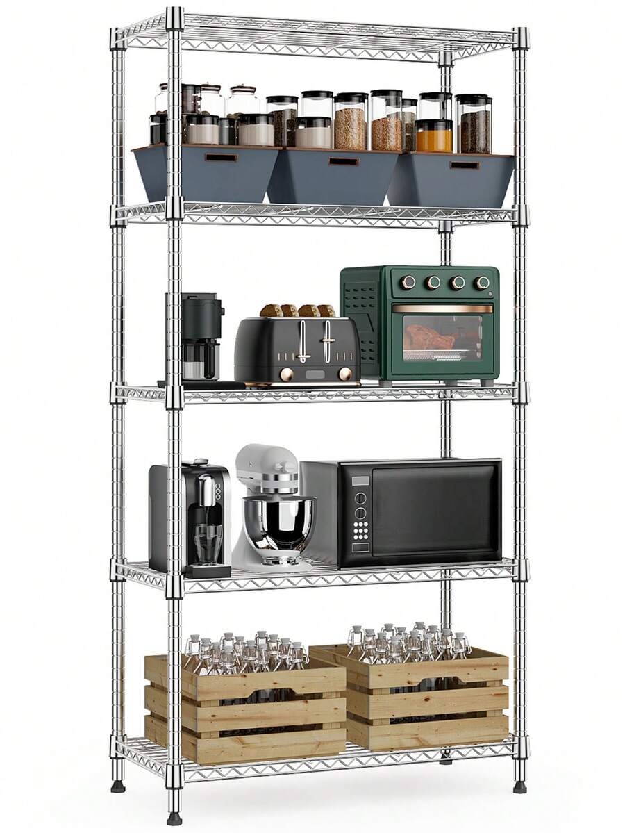 M MZG 1250 Lbs Storage Rack Metal Wire Shelving Unit, 5 Tier Chrome Heavy Duty Storage Standing Shelf Organizer For Laundry Bathroom Kitchen Pantry Closet Garage Basement Office-13.8" D X 29.5" W X 59.5" H - 銀色 - 查看 1