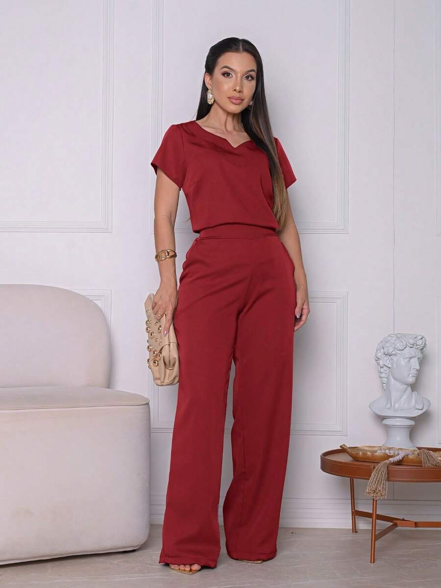 Women's Tailored Set: Pants And Blouse - Casual And Elegant With Pockets - 寶石紅 - 查看 1