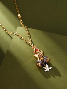 1Pc Fashion Luxurious Artificial Zirconia Bracelet Openable Golden Palm Flower Peace Bird Pendant Necklace For Women Cool Personalized Party Jewelry, High End Accessories, Friendship Gifts, Peace Gifts - Palm Pendant Necklace - View 2
