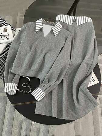 Women's New Fashion Striped Color Block Patchwork Gray Sweatshirt Commuter Suit, 2 In 1 Top And Skirt Set