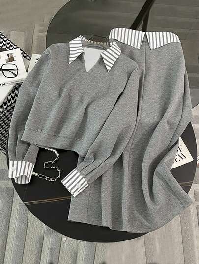 Women's New Fashion Striped Color Block Patchwork Gray Sweatshirt Commuter Suit, 2 In 1 Top And Skirt Set