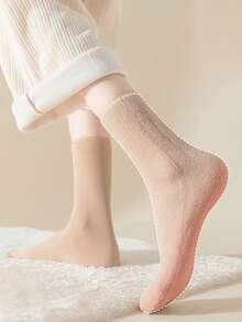 3 Pairs Women's Solid Color Thermal Lined Warm Snow Socks, Comfortable Breathable Crew Socks For Autumn/Winter, Cozy Socks