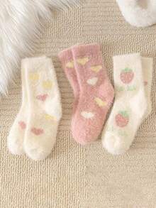 3双秋冬加厚保暖女童袜心形草莓袜蓄热防寒地板袜毛绒袜 - 彩色 - 查看 10