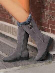 Women's Winter Mid - Calf Boots, Comfortable & Warm, Suede With Faux Fur Collar, Stylish & Versatile Snow Boots - Xám - Xem 2
