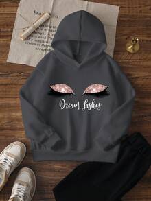 1 Áo nỉ trùm đầu in họa tiết thường ngày cho bé gái, lót nhiệt, tay dài, mùa thu/đông, thời trang cho học sinh trẻ trung - Đôi mắt đáng yêu với hàng mi dài, thiết kế bóng bẩy, áo khoác ngoài thoải mái - Màu xám đen - Xem 2