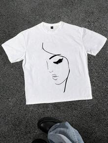 Camiseta de rostro femenino minimalista, Camiseta casual de manga corta de algodón puro y suave, 220 gramos por metro cuadrado - Blanco - Ver 1