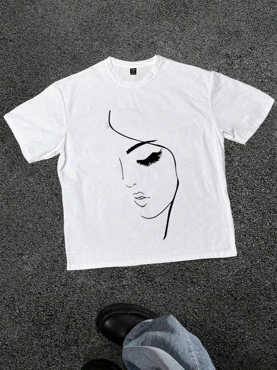Camiseta de rostro femenino minimalista, Camiseta casual de manga corta de algodón puro y suave, 220 gramos por metro cuadrado - Blanco - Ver 1