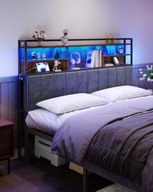 HaluPeit Headboard With 3-Tier Storage Shelves, Velvet Upholstered Head Board With 2 Outlets, USB Ports & LED Light, Soft Backrest For King/Queen/Full Size Bed - 鏽棕色 - 查看 2