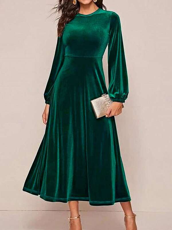 Crew Neck Fitted High Waist Long Sleeve Velvet Dress, Autumn/Winter
