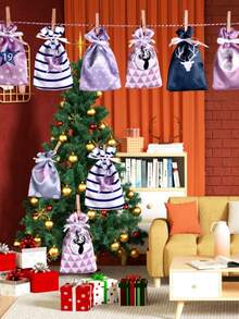 24 个圣诞节降临节礼品袋 DIY 日历挂袋格子抽绳袋袜子储物袋礼物圣诞礼品袋派对礼品袋，24 个日历挂袋格子抽绳袋储物袋礼物圣诞礼品袋派对礼品袋，适用于婚礼、生日、礼物、父亲节、感恩节、圣诞节、新年、节日礼物、圣诞节 - 彩色 - 查看 6