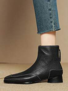 法式复古软皮方头修身短靴，女士踝靴，后拉链设计，中跟，百搭，秋冬款 - 黑色 - 查看 2