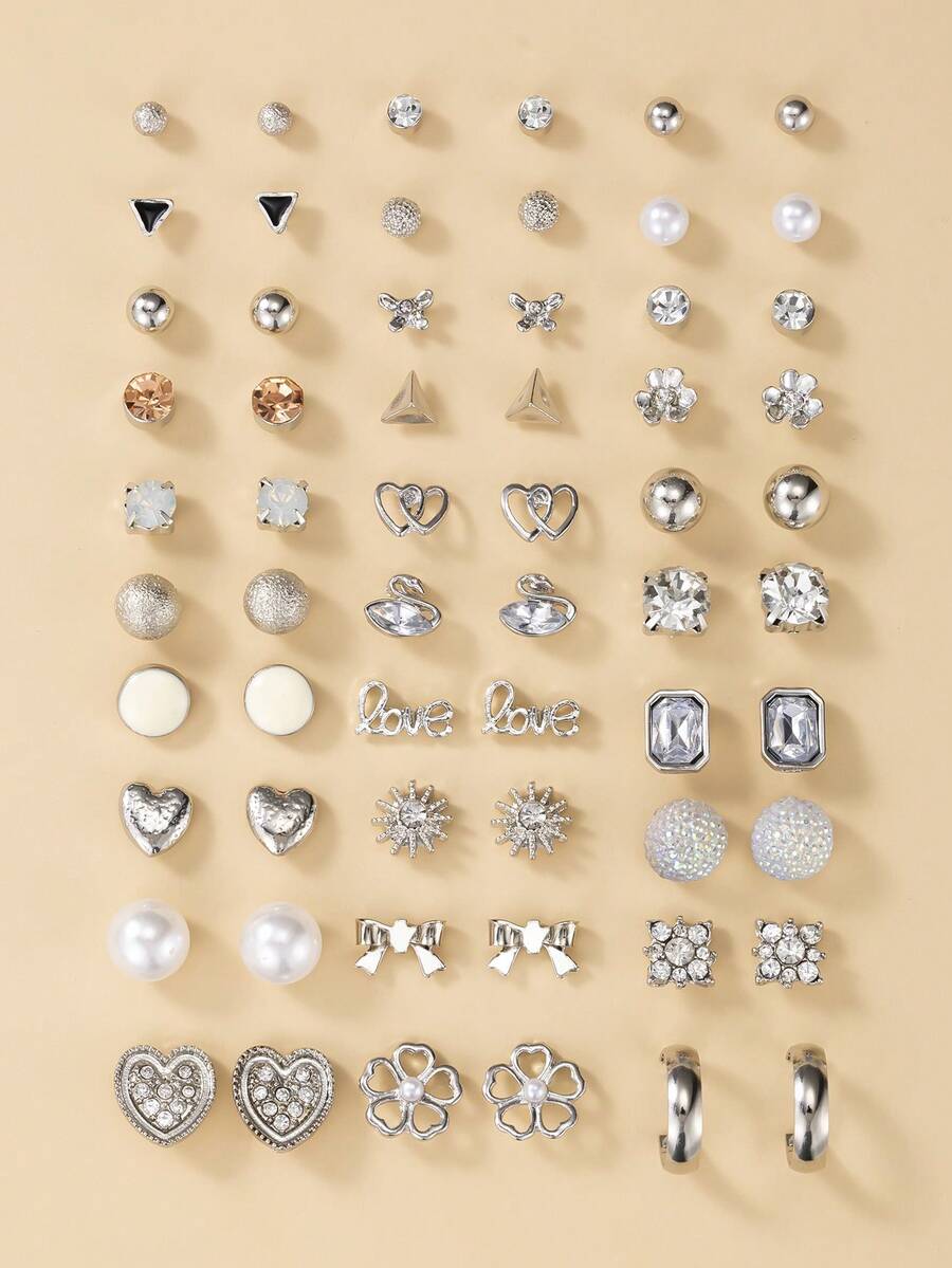 Bộ 30 đôi bông tai đính ngọc trai giả kim loại, nhiều kiểu dáng khác nhau bao gồm hình lá, ngôi sao, hoa, ngôi sao, trái tim, nơ, thời trang và dễ thương, thích hợp để đeo hàng ngày, quà tặng cho phụ nữ - Bạc - Xem 1
