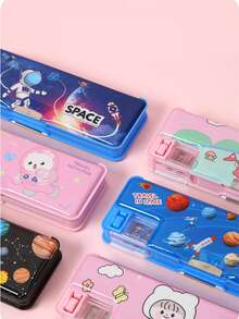 卡通宇航员太空图案铅笔盒，多功能学生文具盒带卷笔刀，大容量笔盒，学习用品 - 彩色 - 查看 8