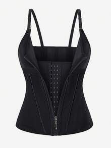 15-Boned Steel Boned Corset Bustier Top, Gold Zipper, Spaghetti Strap, Metal Buckle, Waist Trainer, Shapewear, Slimming - 黑色 - 查看 2