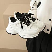 Women's White Leather Platform Sneakers - Thick Sole Low-Top Lace-Up Fashion Sneakers