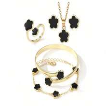 5pcs/Minimalist Plant Five Leaf Flower Set Gold Plated Stainless Steel Non Fading Women's Jewelry Five Leaf Grass Gift - Black - View 4