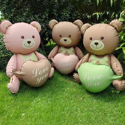 1pc/3pcs Wedding Heart Little Bear Pink Bow Decoration Balloon,For Valentine's Day Wedding Party DIY Scene Decoration Supplies