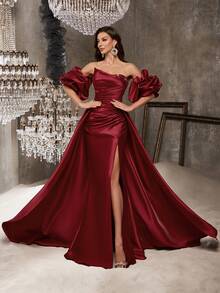 惊艳女式红色长裙，露肩设计，夸张袖子，亮片装饰 - 酒紅色 - 查看 5