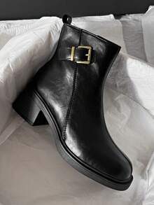 秋冬季弹力踝靴，新款通勤风皮革方头粗跟后拉链修身靴 - 黑色 - 查看 4