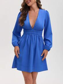 女式休闲短款 A 字连衣裙，深 V 领，腕长袖，梭织面料 - 寶藍色 - 查看 3