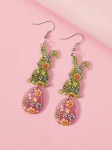 1 Pair Cute Flower Printed Acrylic Celebration Easter Egg Rabbit Hare Drop Earrings For Women Girl For Easter Day Festival Gift Smooth Surface Accessories Jewelry