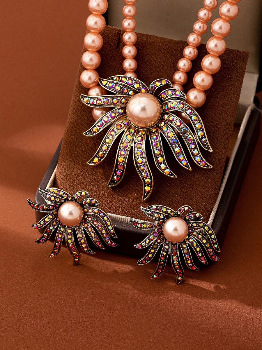 Bộ 3 món trang sức ngọc trai giả sang trọng đính hoa thanh lịch bao gồm vòng cổ + hoa tai, thích hợp cho đám cưới, tiệc tùng, quà tặng cho phụ nữ - Nhiều màu - Xem 1