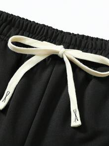 1 件男士抽绳腰宽松阔腿休闲运动裤，秋冬 - 黑色 - 查看 7