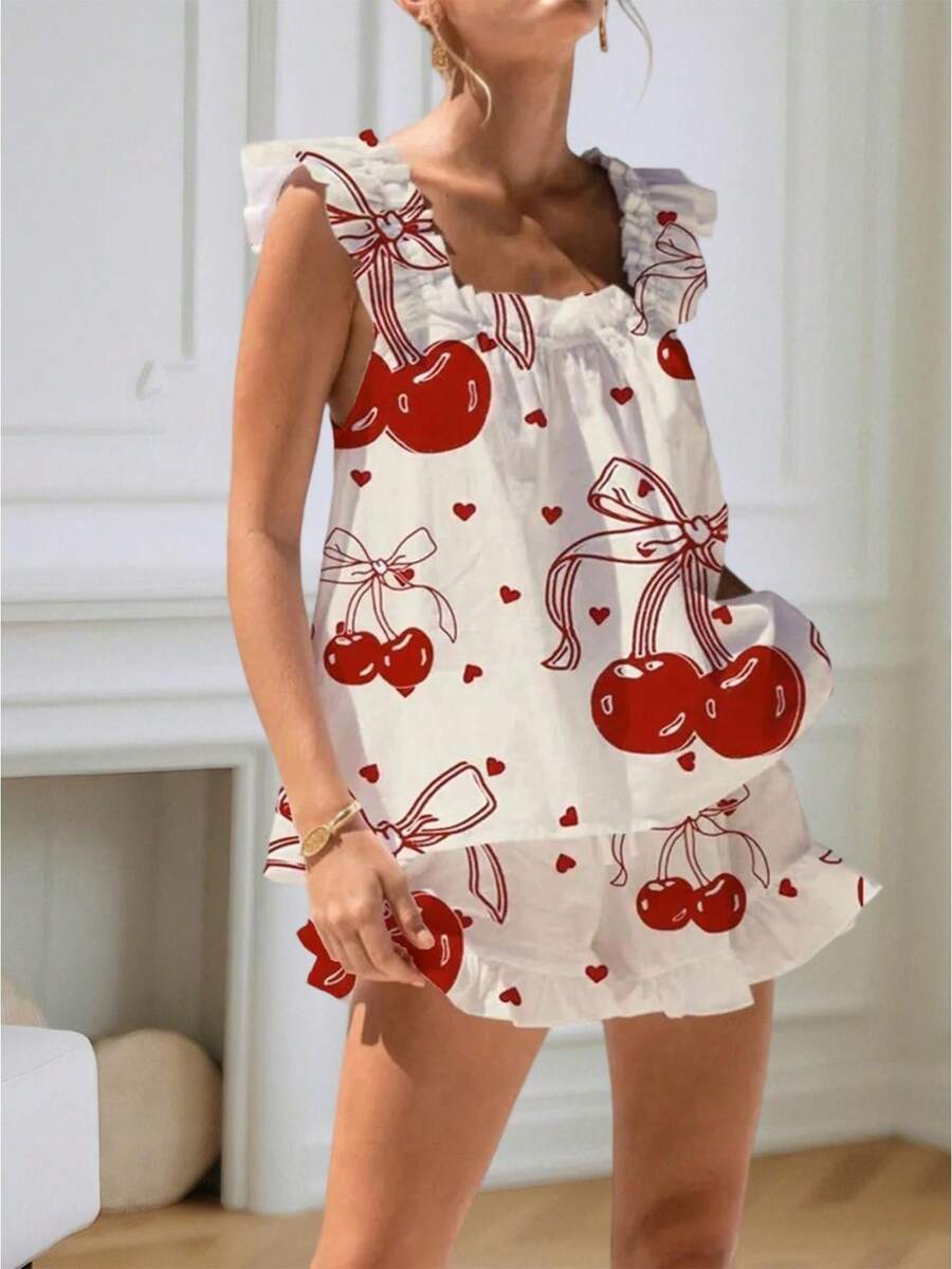 Womens Ruffle Pajamas Set 2 Piece Summer PJs Floral Pajama Ruffle Trim Cami Top And Shorts Lounge - Red - View 1
