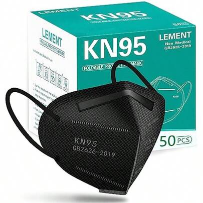 LEMENT 50pcs KN95 Face Mask Black 5 Layer Cup Dust Safety Masks Filter Efficiency≥95% Breathable Elastic Ear Loops Black Masks