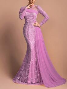 Đầm dạ hội dài tay cổ tròn đính cườm sang trọng dành cho nữ - Cổ áo đính ngọc trai, vạt voan bất đối xứng và chân váy đuôi cá ôm sát | Hoàn hảo cho các bữa tiệc trang trọng, dạ hội và đám cưới | Kết hợp với trang sức bắt mắt và giày cao gót quai mảnh để có vẻ ngoài rạng rỡ cho năm mới. - Bụi hồng - Xem 5