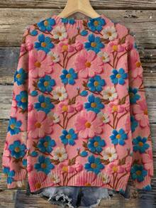 Autumn/Winter New Floral Romantic Print Crew Neck Long Sleeve Knit Sweater Top - Multicolor - View 2