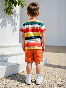 4-8岁男童彩色条纹上衣和卡其色短裤套装，轻便舒适，适合游乐场、海滩和日常穿着 - 橘色 - 查看 2