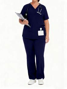cimmuovere Ensemble de blouse et pantalon fendu pour femmes grandes tailles, col en V unicolore, manches courtes. Tenue de travail pour infirmière, laboratoire ou vétérinaire, avec poches. Printemps - Bleu marine - Voir 7