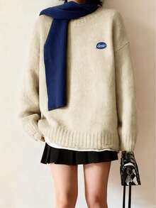 Loose Oversized Embroidered Sweater For Women, Thick Pullover For Winter - Apricot - View 2
